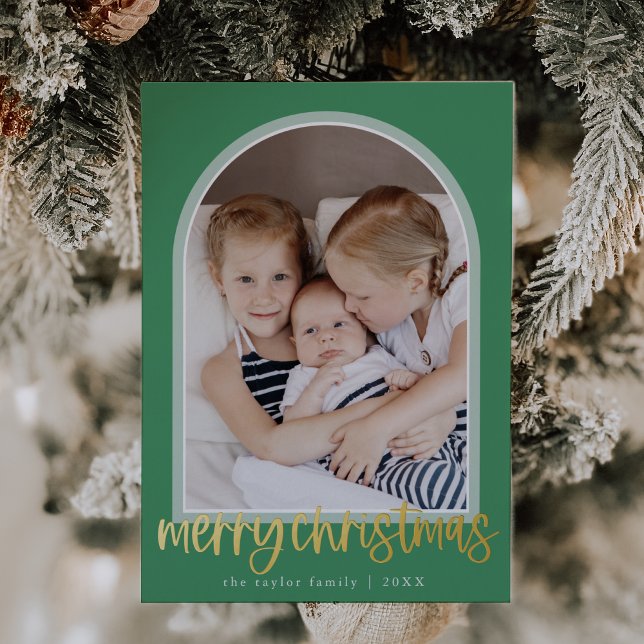 MARIAH Green Gold Foil Arch Photo Merry Christmas Foil Holiday Card (MARIAH Green Gold Foil Arch Photo Merry Christmas Foil Holiday Card)