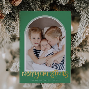 MARIAH Green Gold Foil Arch Photo Merry Christmas Holiday Card