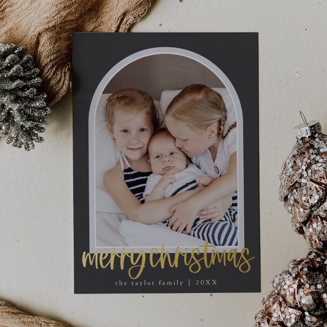 MARIAH Grey Foil Arch Family Photo Merry Christmas Foil Holiday Card (MARIAH Gray Foil Arch Family Photo Merry Christmas Foil Holiday Card)
