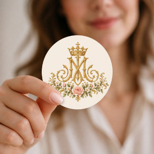 Marian Catholic Floral Gold Monogram  Classic Round Sticker