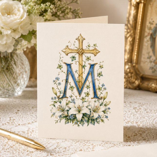 Marian Cross Blue Floral Scripture Monogram Thank You Card (Creator Uploaded)