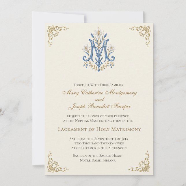 Marian Monogram Catholic Nuptial Mass Wedding  Invitation (Front)