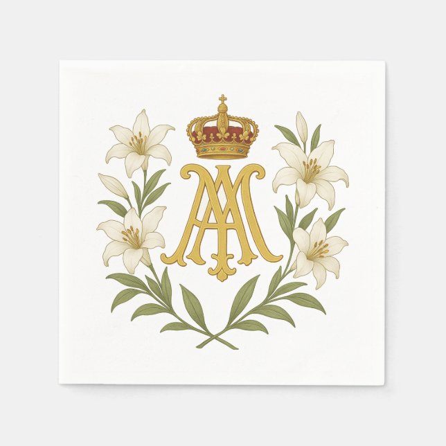 Marian Monogram Gold Crown White Lily Catholic  Napkin (Front)