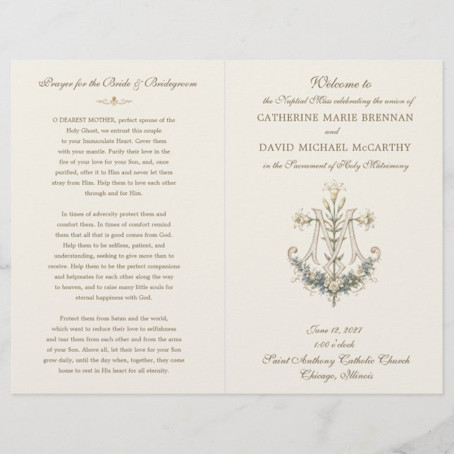 Marian Monogram Traditional Latin Wedding program (Front)