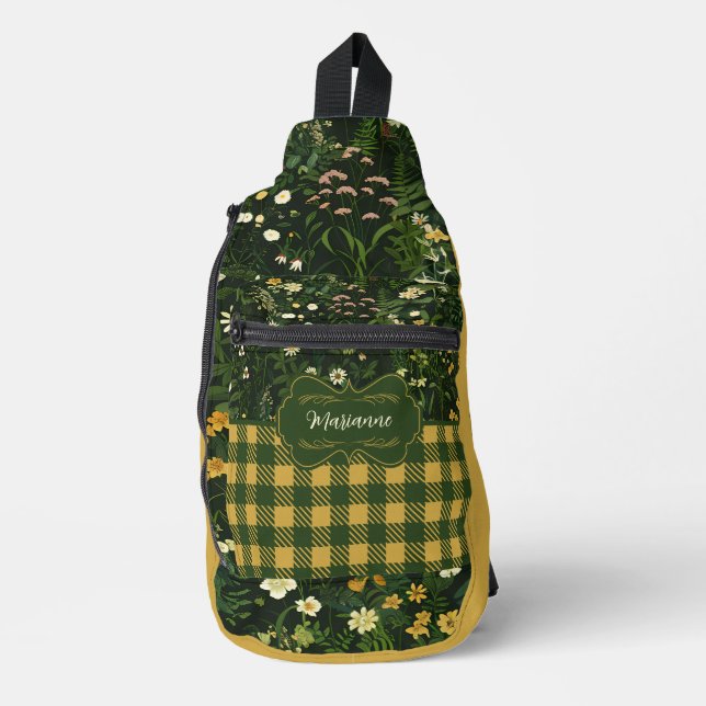 Marianne Dark Daisy Floral Plaid Sling Bag (Front)