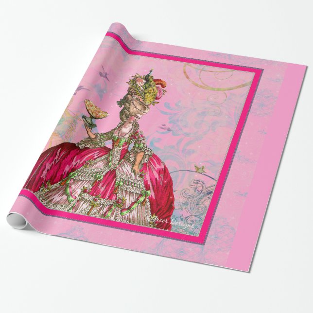 Marie Antoinette Cakes and Peacock Wrapping Paper (Unrolled)