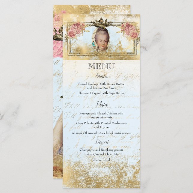 Marie Antoinette French inspired shabby Party Menu (Front/Back)