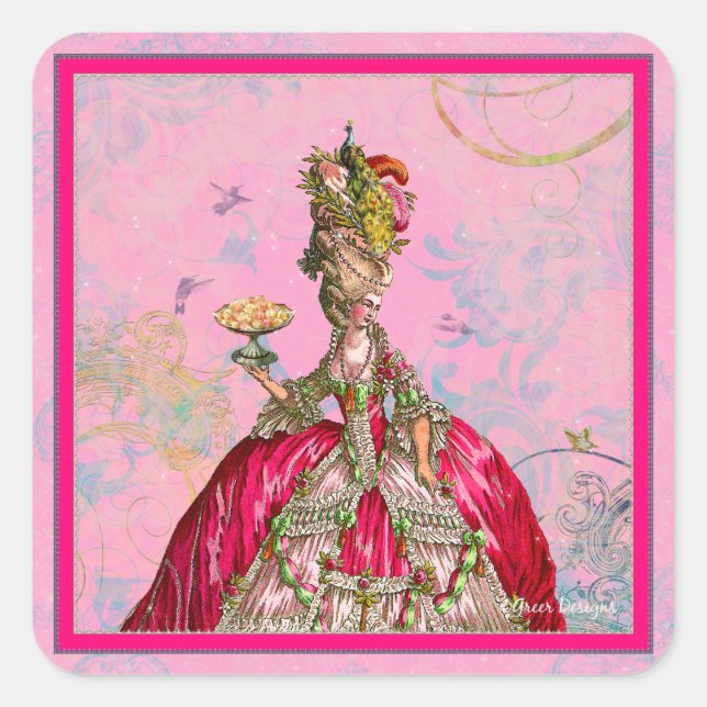 Marie Antoinette Let them eat cake & Peacock Square Sticker (Front)