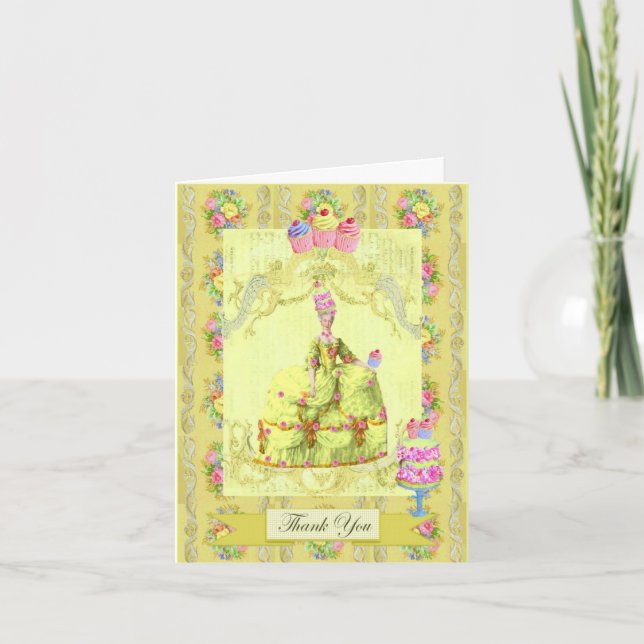 Marie Antoinette Let Them Eat Cake Yellow Floral Thank You Card (Front)