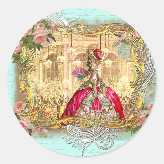 Marie Antoinette Party at Versailles in Aqua Classic Round Sticker (Front)