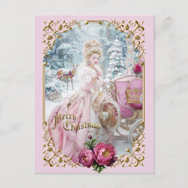 Marie Antoinette pink carriage deer Christmas card (Front)