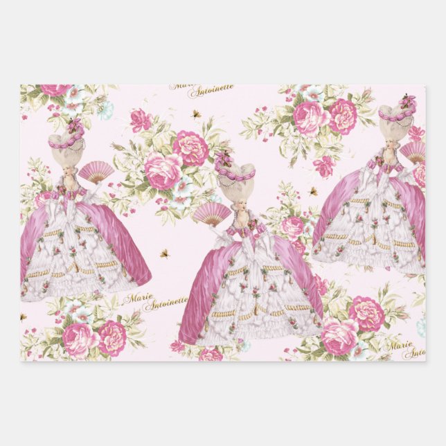 Marie Antoinette Pink Floral Roses Wrapping Paper Sheet (Front)