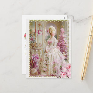 Marie Antoinette pink tree Roses cat Christmas  Holiday Postcard