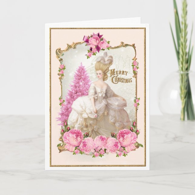 Marie Antoinette Pink Tree Roses Christmas Card (Front)