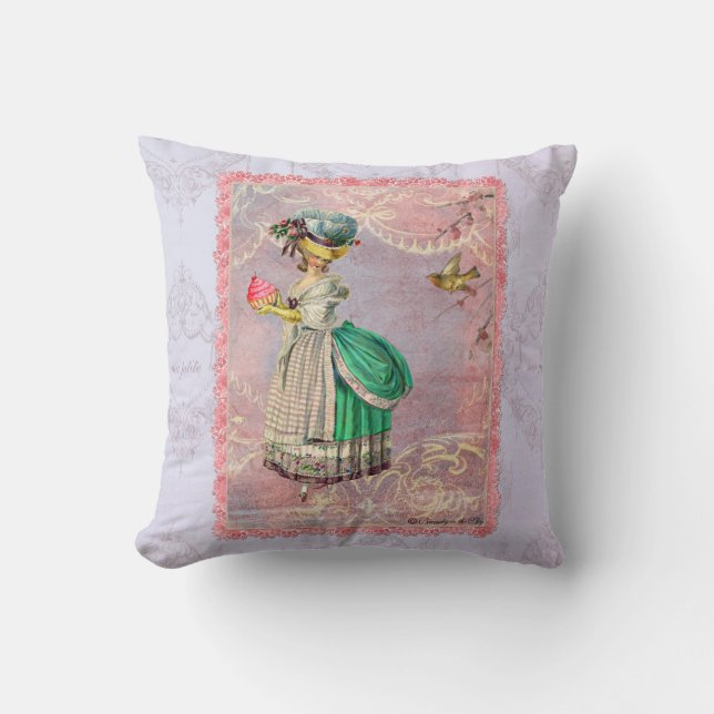 Marie Antoinette with Cupcake & Bird Throw Pillow (Front)