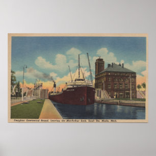 Marie, MI - View of Freighter Leaving MacArthur Poster