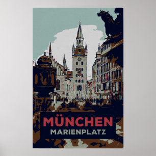 Marienplatz, Munich City Centre Illustration Poster