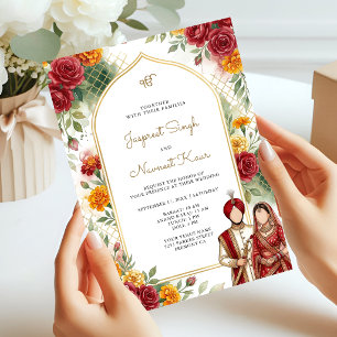 Marigold and Red Roses Arch Floral Sikh Wedding Invitation