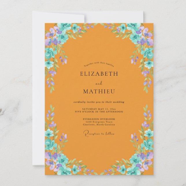 Marigold Aqua Wreath Wedding Invitation (Front)