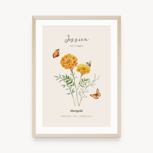 Marigold Birth Month Flower Poster (Example of marigold birth flower poster once framed. )