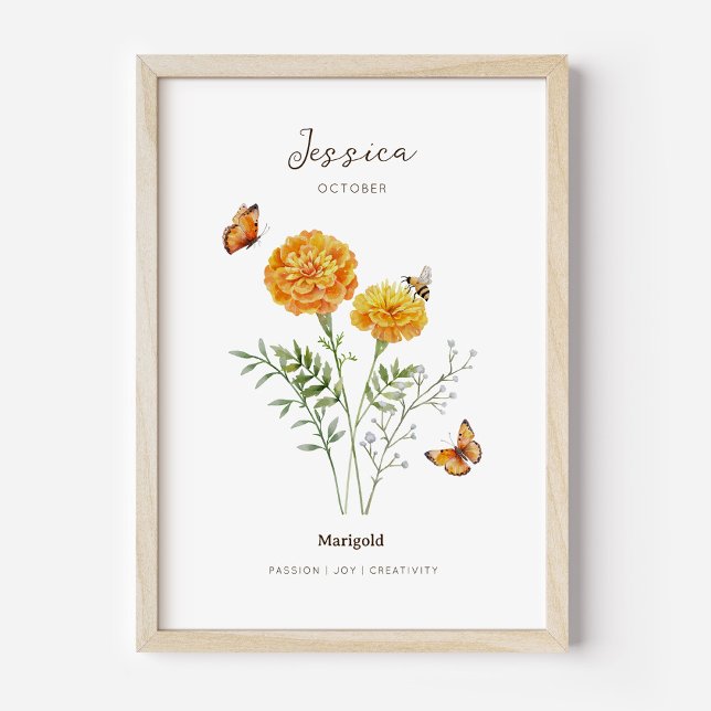 Marigold Birth Month Flower Poster (Example of marigold birth flower poster once framed. )