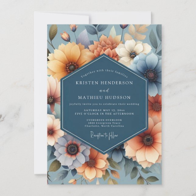 Marigold & Blue Artistic Bloom Wedding Invitation (Front)