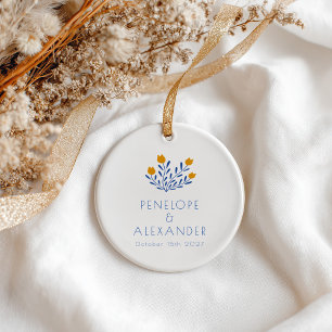 Marigold Blue Folk Floral Personalised Wedding Ceramic Ornament