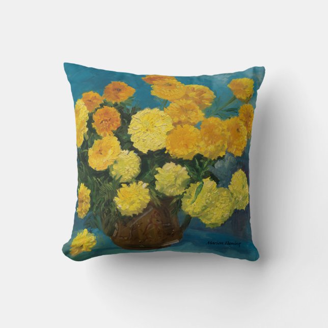 Marigold Bouquet--Blue Backing Cushion (Front)