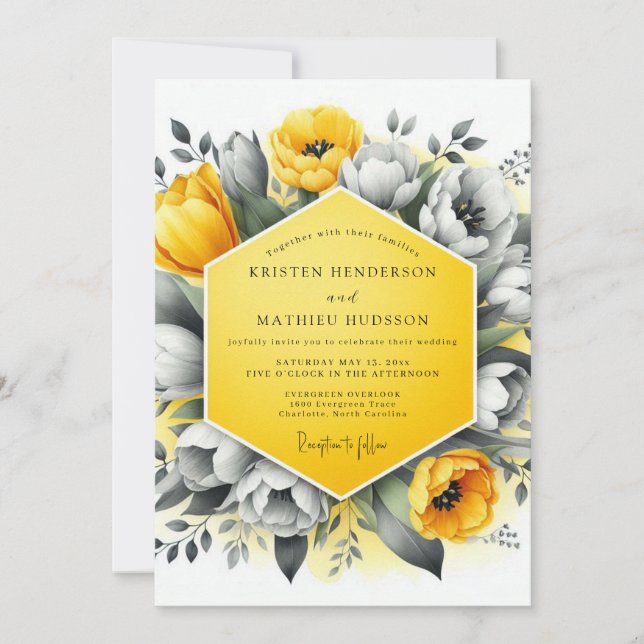 Marigold Charcoal Bloom Wedding Invitation (Front)