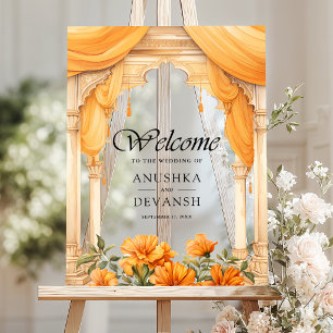 Marigold Floral Indian Hindu Wedding Welcome Acrylic Sign