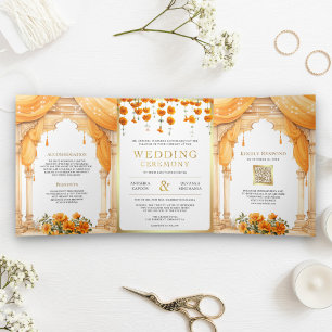 Marigold Floral South Indian Mandap Hindu Wedding Tri-Fold Invitation