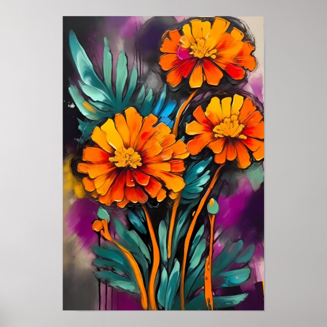 Marigold Flower Abstract Art Floral Colourful Poster (Front)