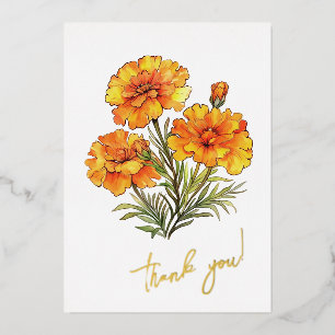 Marigold Flower "Thank you!" Editable Foil Holiday Card