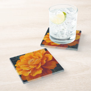 Marigold Flower Watercolor Floral Painting Glass Coaster