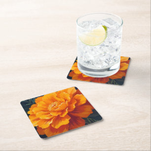 Marigold Flower Watercolor Floral Painting Square Paper Coaster
