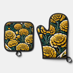 Marigold Flowers Retro Marigolds Oven Mitt & Pot Holder Set