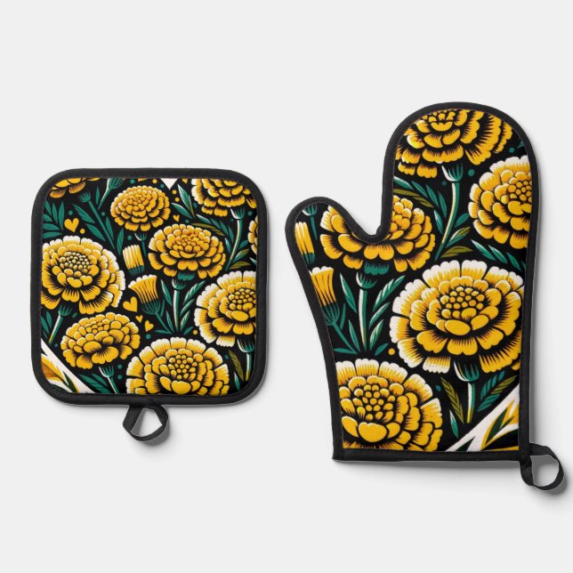 Marigold Flowers Retro Marigolds                   Oven Mitt & Pot Holder Set (Front)