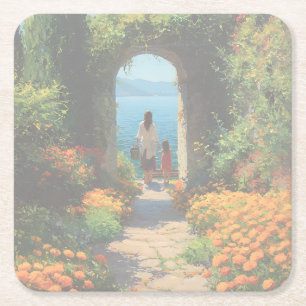 Marigold Path to the Sea Watercolor Square Paper Coaster