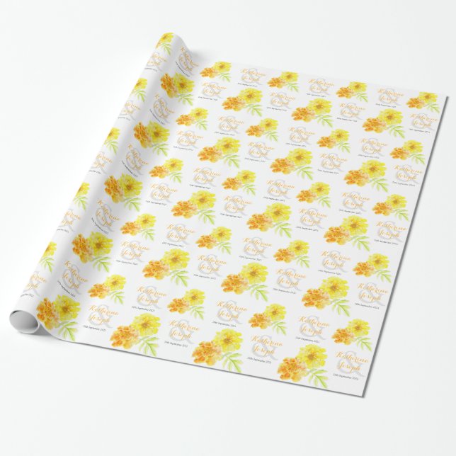 Marigold stylised yellow orange named wedding wrap wrapping paper (Unrolled)