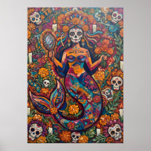 Marigold Sugar Skull Mermaid Fiesta Art Poster