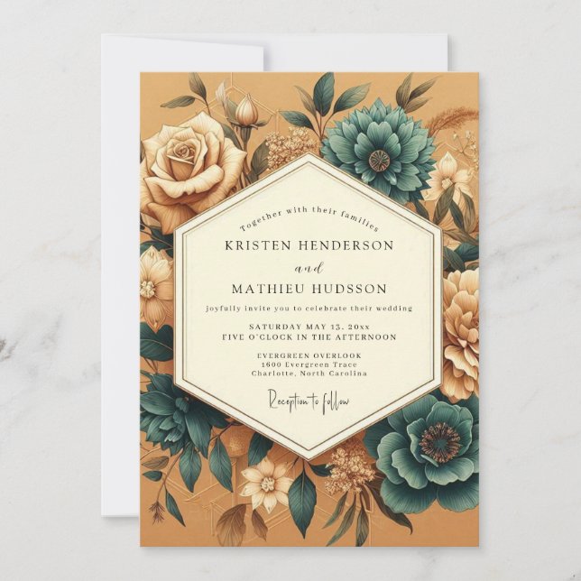 Marigold Teal Vintage Flora Wedding Invitation (Front)