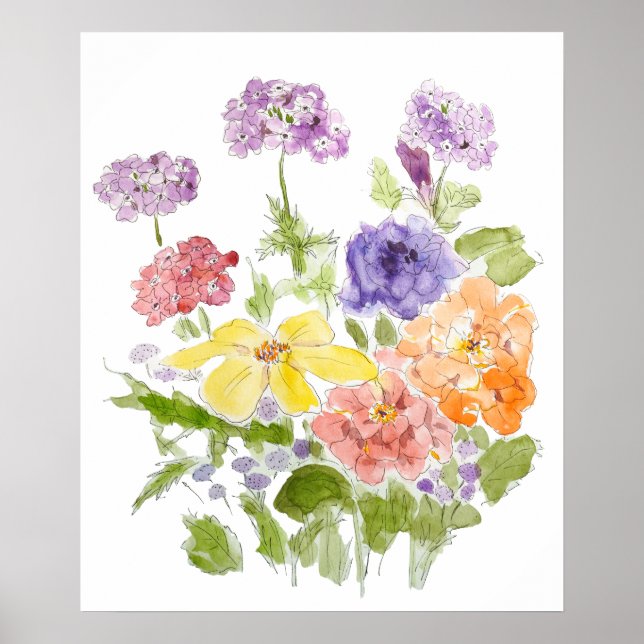 marigold verbena and petunia ink and watercolor  poster (Front)