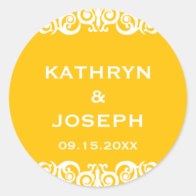 Marigold Victorian scroll wedding favor label (Front)