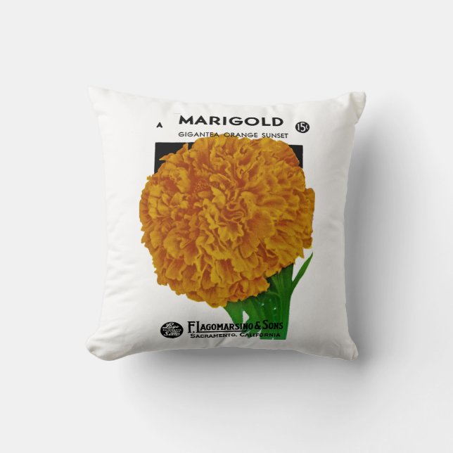 Marigold Vintage Seed Packet Cushion (Front)