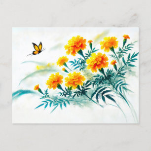 Marigold with Monarch Butterfly Asian Ink Painting Holiday Postcard