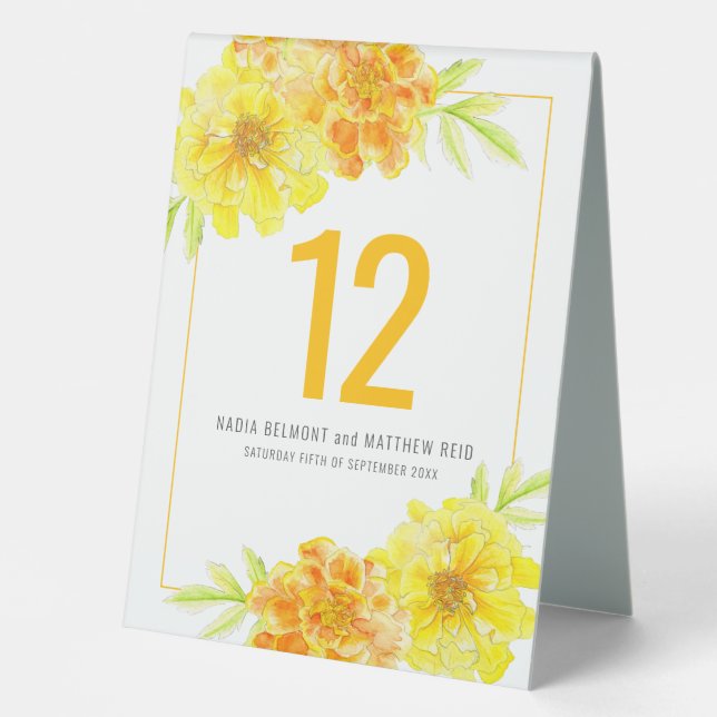 Marigold yellow flower wedding event table number (Front)
