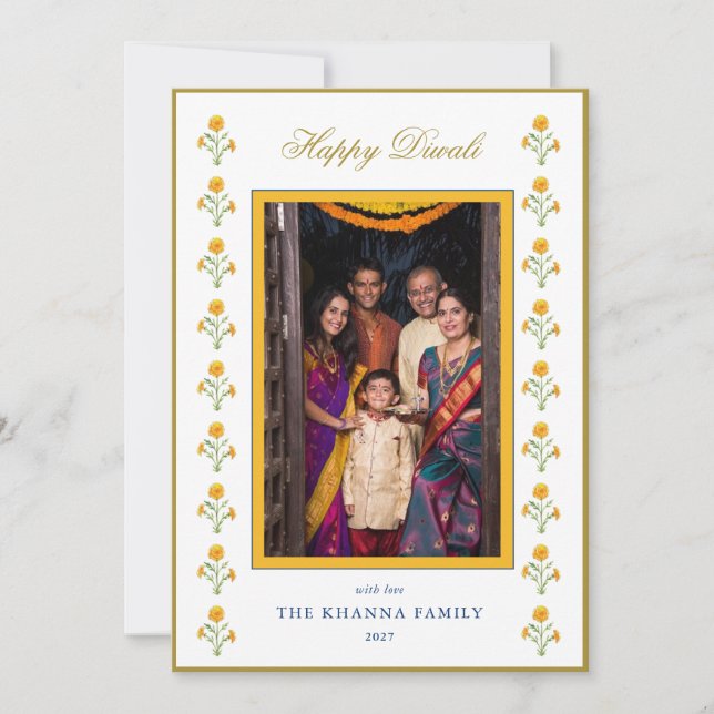 Marigold Yellow Gold photo Diwali Greetings Holiday Card (Front)