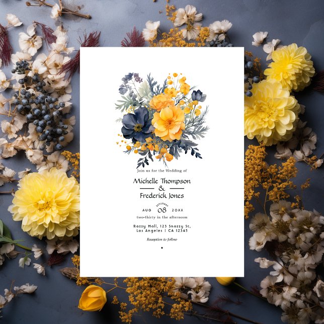 Marigold Yellow, Navy Blue and Slate Grey Wedding Invitation (Creator Uploaded)