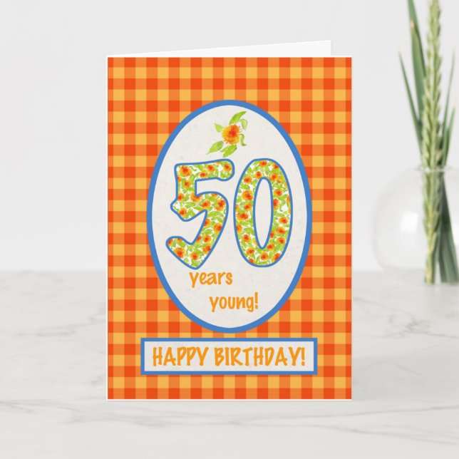 Marigolds and Check Gingham: 50th Birthday Card (Front)