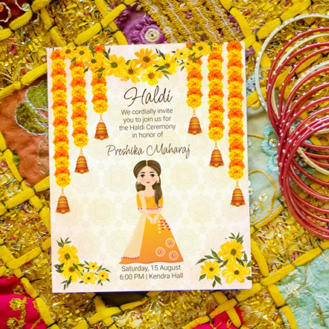 Marigolds cute Indian girl Haldi budget invitation (Creator Uploaded)